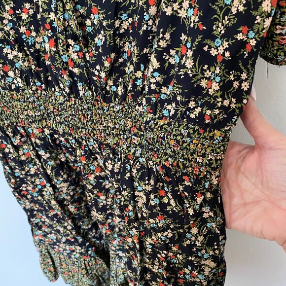 Zara Peasant Boho Black Multi Floral Tiered Ruffle Mini Sundress Tie Front Small - Picture 9 of 12
